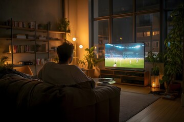 Person watching sports game on TV in cozy living room at night, home entertainment and relaxed lifestyle concept