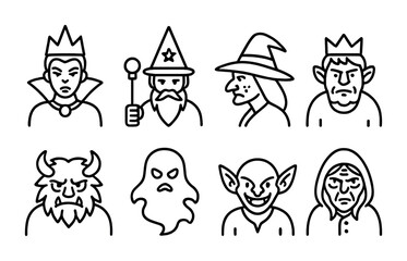 Fototapeta premium Fantasy characters icons – outline style for magic, myth, and adventure: witch, wizard, goblin, ogre, queen, ghost, sorcerer, monster