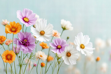 Obraz premium Vibrant Cosmos Flowers Display Against A Pastel Blue Sky Backdrop Showcasing Spring Bloom And Natural Beauty