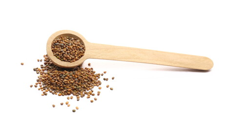 Arugula or rocket seeds in wooden spoon, Eruca sativa, isolated on white background, top view