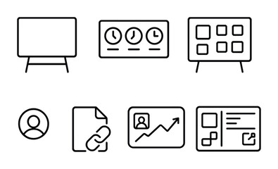 Business and analytics icons set – outline style management, data, and office symbols for strategic planning: presentation board, dashboard, grid layout, profile, report, chart, business card.