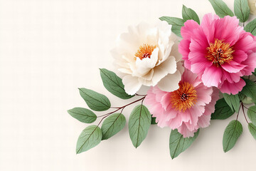 Fototapeta premium Vibrant Pink White and Blush Peonies with Green Leaves Arrangement on a Soft Cream Background