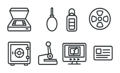 Fototapeta premium Home security and surveillance outline icons – monitoring, protection, and safety symbols for security systems: scanner, alarm, camera, reel, safe, lever, monitor, id card.