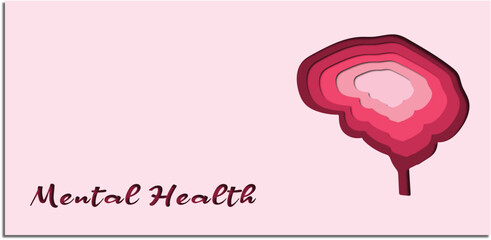 Mental health text typography with human brain sign symbol illustration with copyspace for text paper cut style for banner poster presentation slide vector, Awareness Message,Minimal Brain Art


