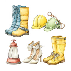 Watercolor still life shows various footwear and headwear on white surface.
