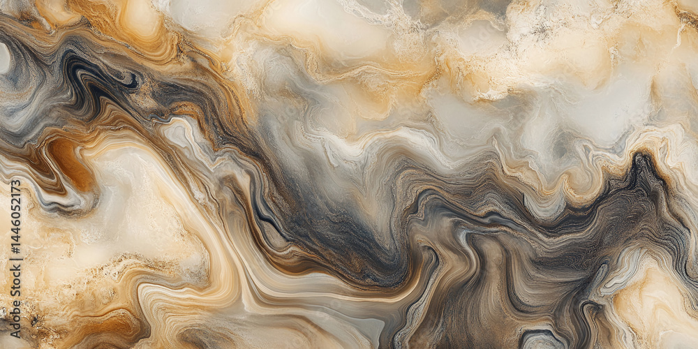 Poster Abstract marble texture with swirling beige, brown, and gray tones creating a fluid, dynamic design suitable for background or wallpaper use