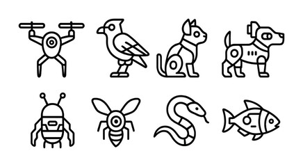 Fototapeta premium Robotic animal icons set – outline style cyborg creatures and futuristic symbols for technology designs: drone, bird, cat, dog, bug, bee, snake, fish.