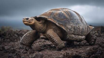 Galapagos Giant Tortoise on Volcanic Rock under Stormy Sky