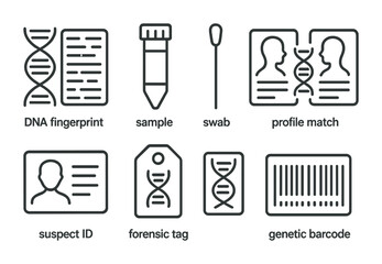Forensic science outline icons – linear style crime investigation, dna analysis, and evidence symbols: dna fingerprint, sample, swab, profile match, suspect id, forensic tag.