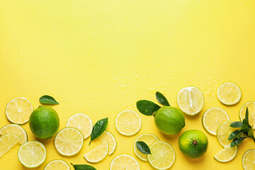 Fresh limes and green leaves on yellow background, flat lay. Space for text