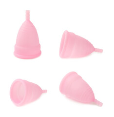 Menstrual cup isolated on white background. Sanitary napkins, tampons and menstrual cup. Concept of...