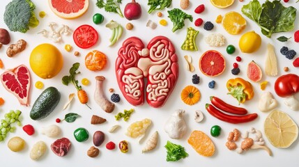 Eat healthy for a good body! A mix of healthy food and organ shapes on a white background.
