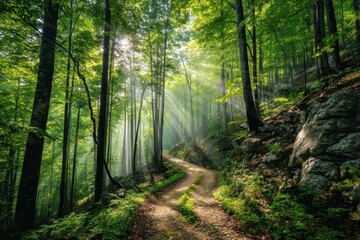 Fototapeta premium A winding dirt path through a lush green forest with sunlight streaming through tall trees.