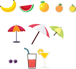 Tropical Summer Icon Vector Set: Fruits, Drink, Umbrella
