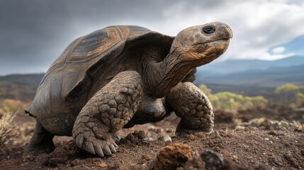 Fototapeta premium Galapagos Giant Tortoise Majestic Portrait, Volcanic Landscape