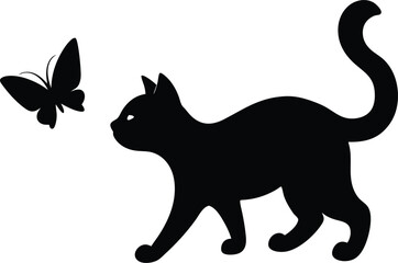 silhouette of a cat chasing butterfly on white 