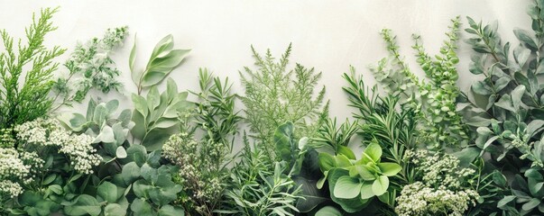 Obraz premium An array of different green leafy plants and small white blossoms