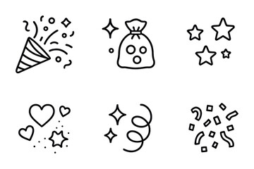 Celebration and party outline icon set &ndash; linear style festivity, event, and joy symbols for invitations: confetti, gift bag, stars, hearts, sparkles, decorations.