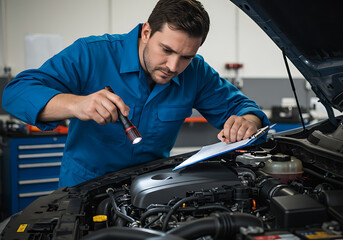 Mechanic inspecting a car engine with a flashlight and clipboard in a workshop environment.