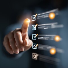 Digital Checklist: Finger presses buttons for task completion, and success.