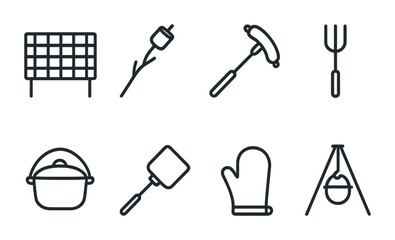 Outdoor cooking icon set - linear style campfire, bbq, and grilling symbols for camping adventures: grill, marshmallow, skewer, fork, pot, spatula, mitt, tripod.