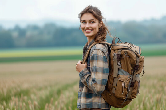 An adventurous woman confidently stands on the vast field, equipped with the backpack, ready to embark on exciting outdoor activities or thrilling travel adventures    