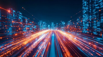 Fototapeta premium Fast, bright data moving like an explosion. Cool, sci-fi style. Neon lights zoom by, like traveling super fast through space. 