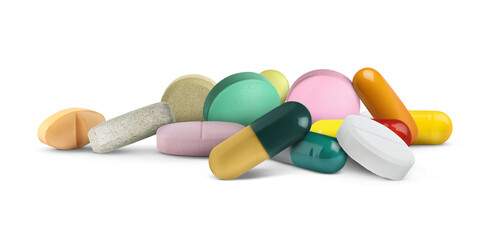 Many different antibiotic pills on white background