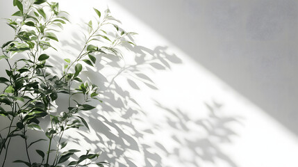 Fresh green leaves casting shadows on a horizontal pure white background modern minimalist nature scene