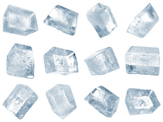 Clear ice cubes on white background, set