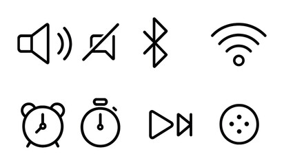 Communication and connectivity outline icon set – linear style gadgets, devices, and network symbols for digital interface: speaker, mute, bluetooth, wifi, alarm, timer, play, settings.