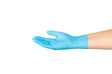 Medical nitrile gloves isolated on white background. Surgical latex gloves. Rubber gloves production. Doctor or nurse putting on protective gloves. Medicine concept. Sterility, protection.