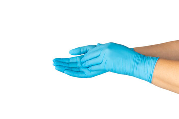 Medical nitrile gloves isolated on white background. Surgical latex gloves. Rubber gloves production. Doctor or nurse putting on protective gloves. Medicine concept. Sterility, protection.