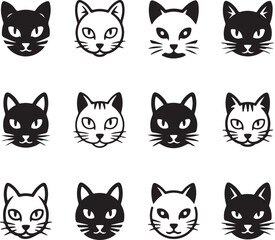Cat Head Silhouette Vector Set – 12 Unique Styles in Square Grid Layout for Logos, T-Shirts & Prints