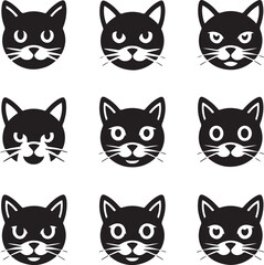 Cat Head Silhouette Vector Set – 12 Unique Styles in Square Grid Layout for Logos, T-Shirts & Prints