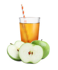 Tasty apple juice in glass and fresh fruits on white background