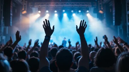 Excited crowd at indoor event energy of celebration live performance silhouettes of attendees vibrant lighting event photography indoor gathering large group