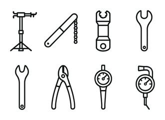Bicycle repair tools icon set – linear outline style for bike maintenance, mechanics, and cycling essentials: repair stand, chain tool, torque wrench, open-end wrench