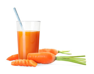 Tasty carrot juice in glass and fresh vegetables on white background