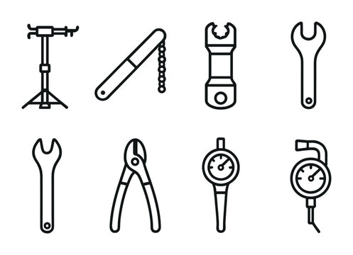 Bicycle repair tools icon set – linear outline style for bike maintenance, mechanics, and cycling essentials: repair stand, chain tool, torque wrench, open-end wrench