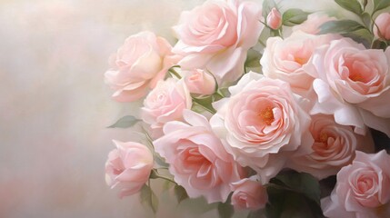 Delicate pink roses in soft focus, romantic floral arrangement, perfect for invitations or heartfelt messages.
