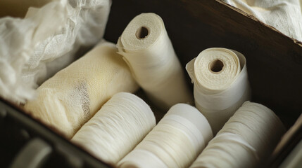 Close-up of bandages and gauze rolls neatly packed in a first-aid box
