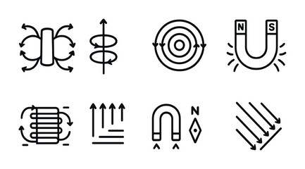 Magnetic field diagram icons – outline style physics, science, and force visuals for educational resources: magnetic field lines, solenoid, vector field, magnetic pole, compass.