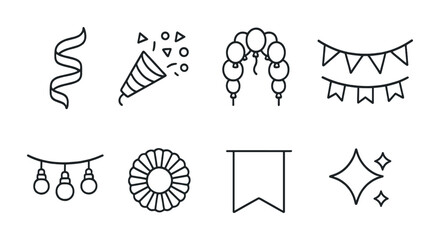 Festive decorations icon pack – outline style celebration, party, and holiday symbols for event planning: streamer, confetti popper, balloon arch, pennant, lights, rosette, banner, sparkles.