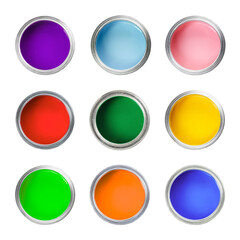 Paints of different bright colors in cans isolated on white, set. Top view