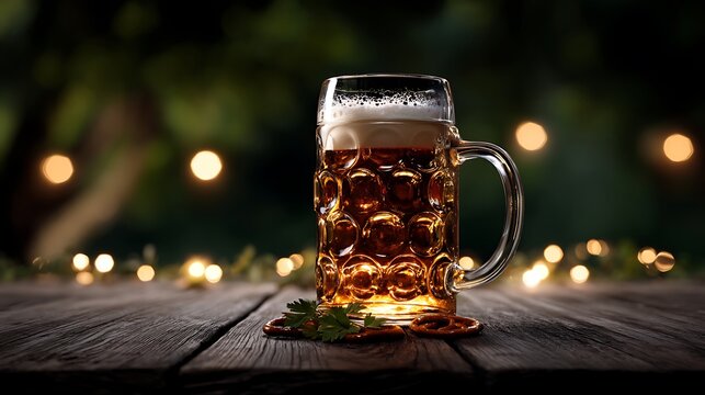 Rustic oktoberfest beer mug aesthetic on wooden table bokeh background studio craft beer photography festive atmosphere