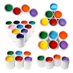 Paints of different bright colors in cans isolated on white, collage