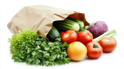 Fresh veggies and fruits in a paper bag on white. Good food for you! Like getting groceries delivered or shopping at the store.
