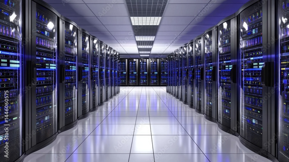 Aufkleber brightly lit high-tech server hallway with symmetrical rows of equipment, useful for cloud storage c