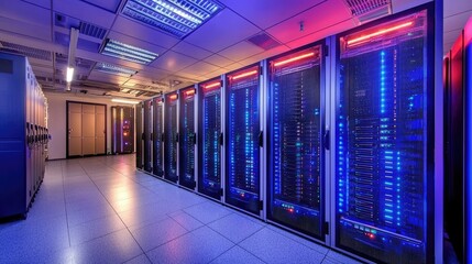 Modern server room filled with illuminated racks and glowing lights, great for IT presentations, network concepts, and cloud data visuals